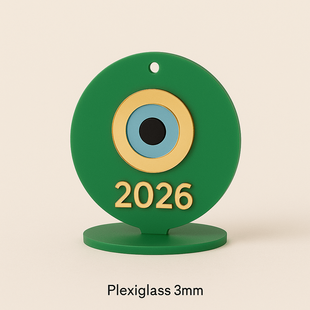 Γούρι “Μάτι 2026” Plexiglass – Κρεμαστό & Επιτραπέζιο | Κόκκινο, Πράσινο, Λευκό, Διάφανο