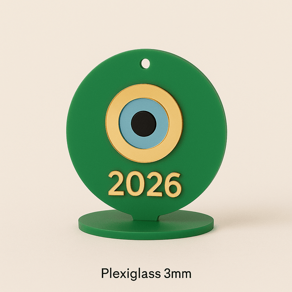 Γούρι “Μάτι 2026” Plexiglass – Κρεμαστό & Επιτραπέζιο | Κόκκινο, Πράσινο, Λευκό, Διάφανο