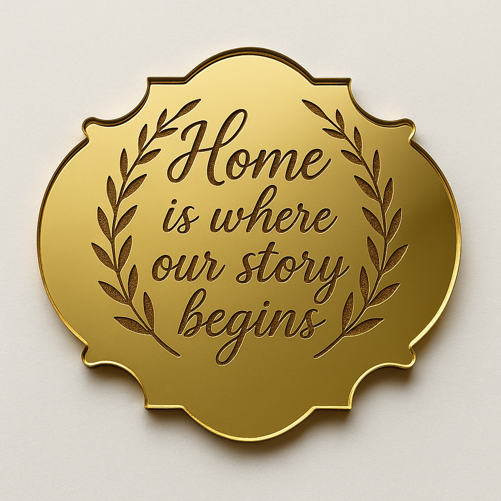 Χρυσή ετικέτα γάμου σε baroque σχήμα με φράση “Home is where our story begins” και στεφάνι – So Cute Cut rustic charm