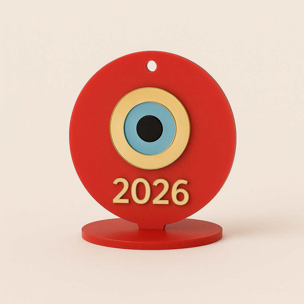 Γούρι “Μάτι 2026” Plexiglass – Κρεμαστό & Επιτραπέζιο | Κόκκινο, Πράσινο, Λευκό, Διάφανο