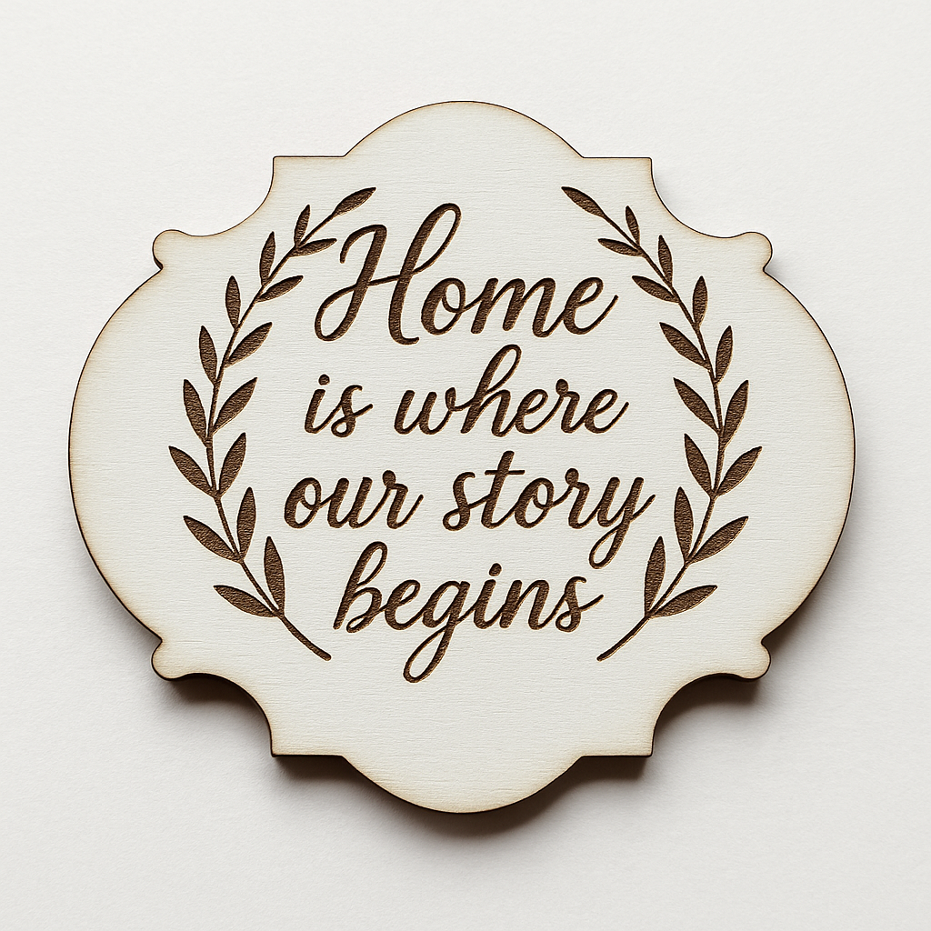 Πινακίδα λευκού MDF σε σχήμα baroque με χάραξη “Home is where our story begins” και στεφάνι – So Cute Cut rustic charm