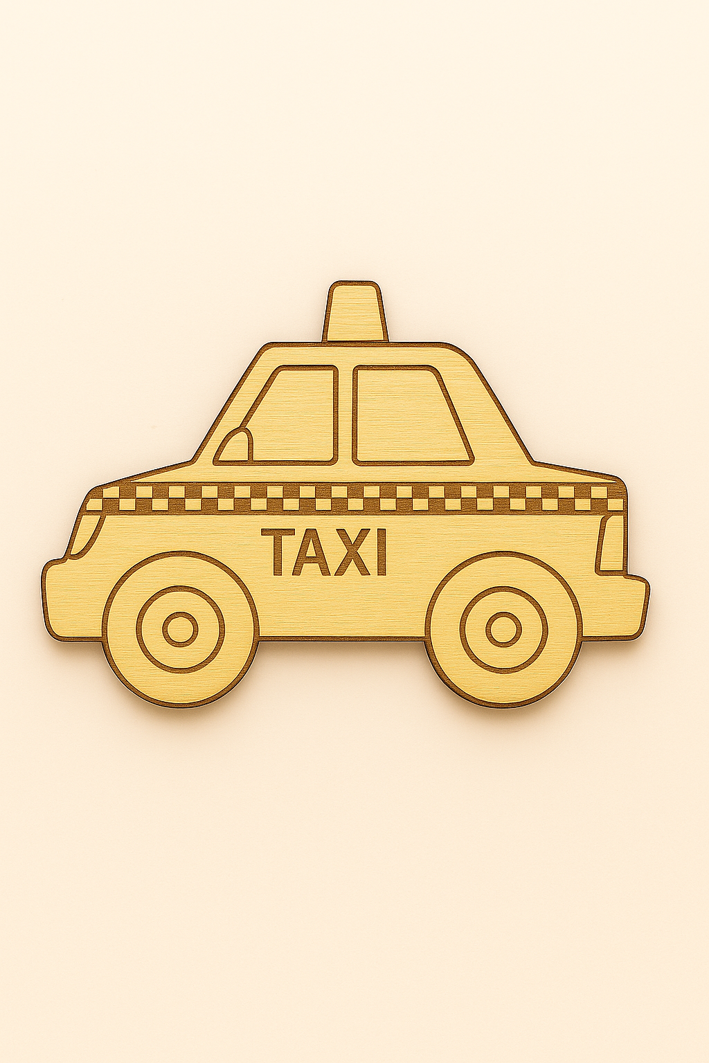 Ξύλινο baby taxi με χαραγμένα παράθυρα και πινακίδα “TAXI” σε flat σχέδιο