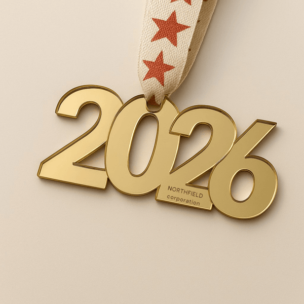 Μονοκόμματο laser cut tag “2026” από χρυσό καθρέφτη με κορδέλα – μινιμαλιστικό και κομψό στολίδι για εταιρικά δώρα νέου έτους