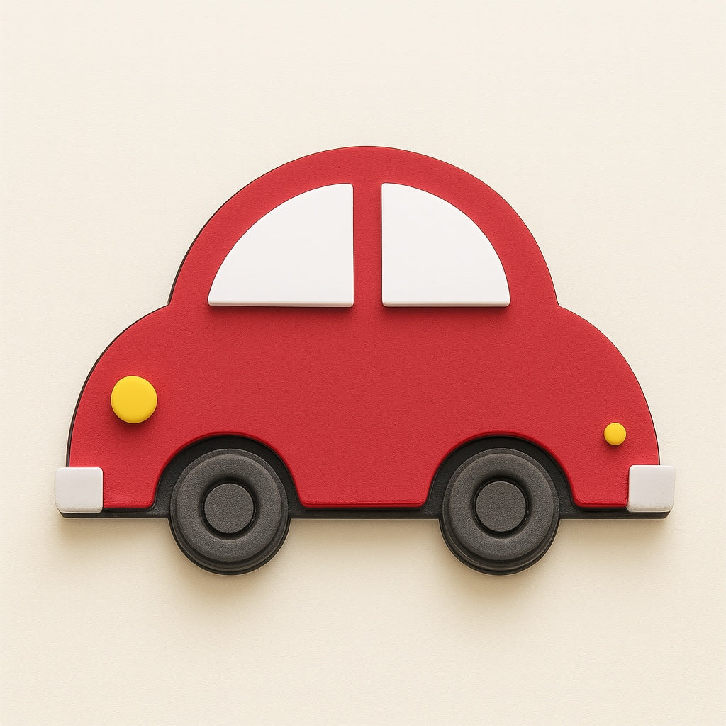 Πλεξιγκλάς baby car τρισδιάστατο με κόκκινο σώμα και μαύρες ρόδες, σε flat λευκό φόντο