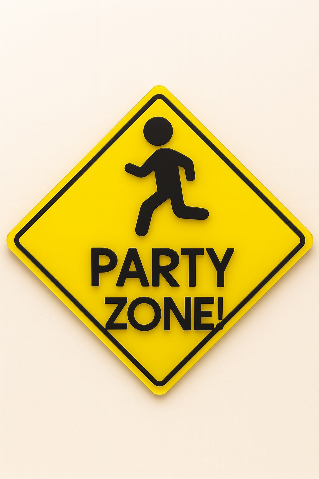 Ξύλινη πινακίδα “Party Zone” με σχέδιο προειδοποιητικού σήματος και φιγούρα παιδιού, κατασκευή από laser cut plywood και plexiglass.