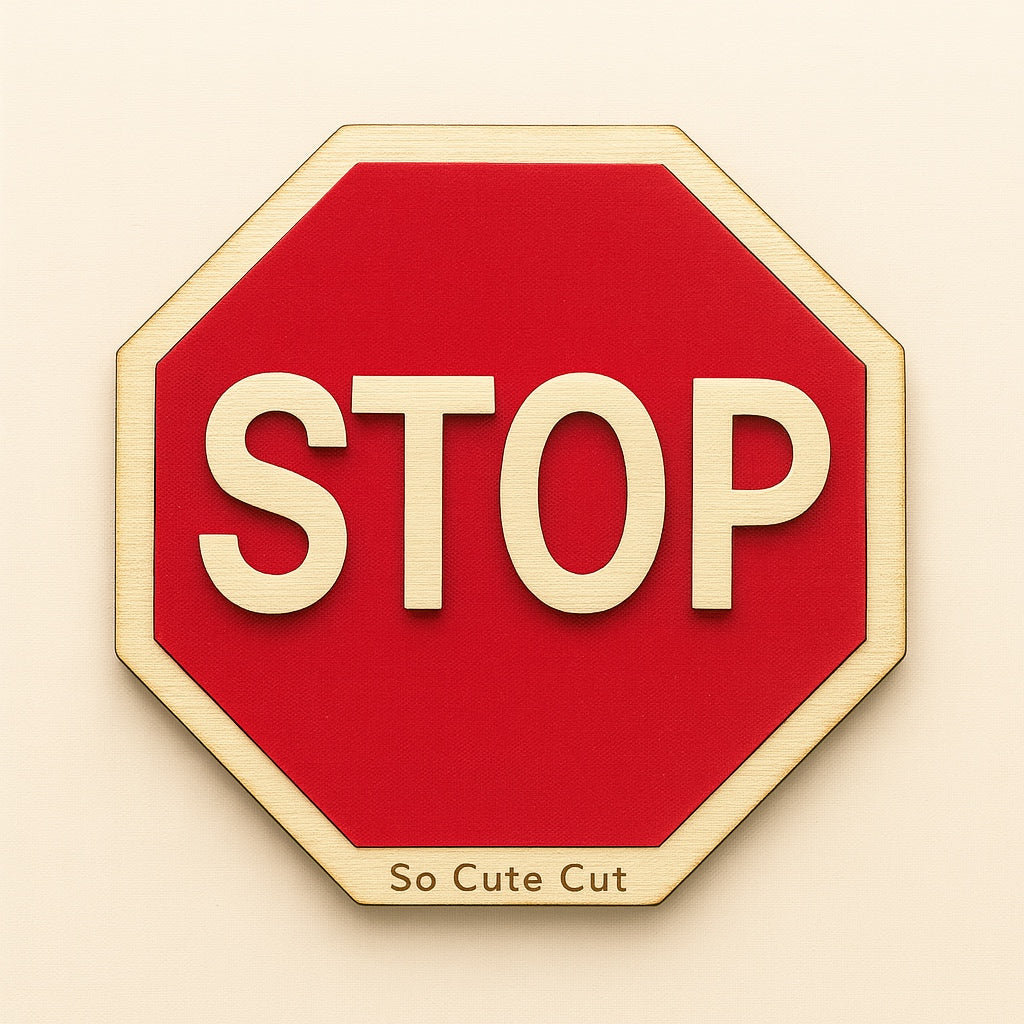 Πινακίδα STOP από λευκό ξύλο και κόκκινο plexiglass με λευκά γράμματα, κοπή laser
