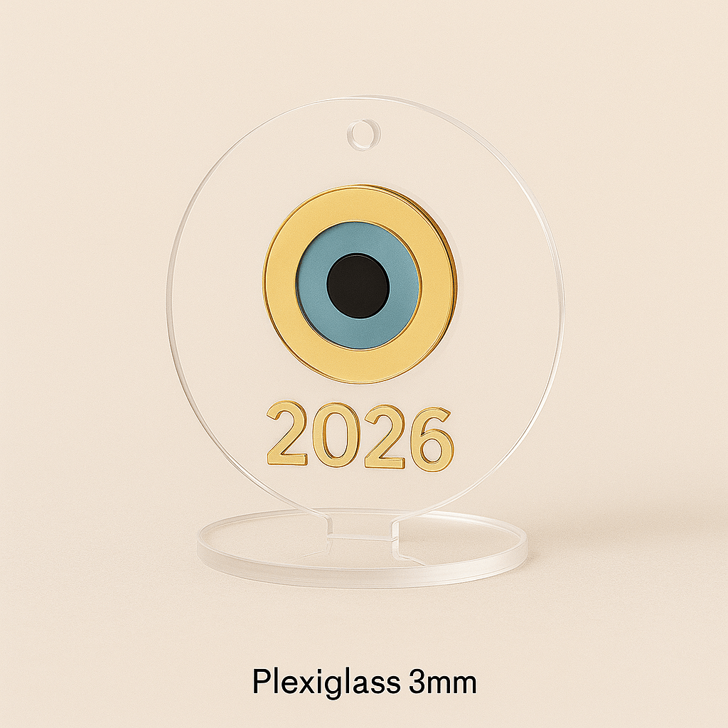 Γούρι “Μάτι 2026” Plexiglass – Κρεμαστό & Επιτραπέζιο | Κόκκινο, Πράσινο, Λευκό, Διάφανο