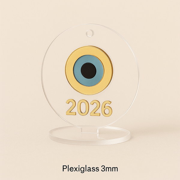 Γούρι “Μάτι 2026” Plexiglass – Κρεμαστό & Επιτραπέζιο | Κόκκινο, Πράσινο, Λευκό, Διάφανο