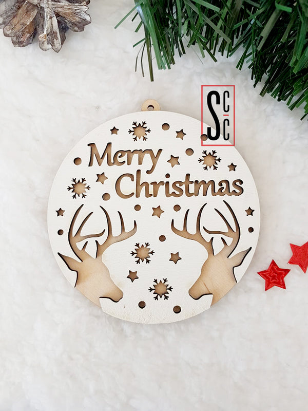 Διπλό ξύλινο στολίδι Merry Christmas με τάρανδους και χιονονιφάδες – So Cute Cut