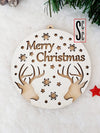 Διπλό ξύλινο στολίδι Merry Christmas με τάρανδους και χιονονιφάδες – So Cute Cut