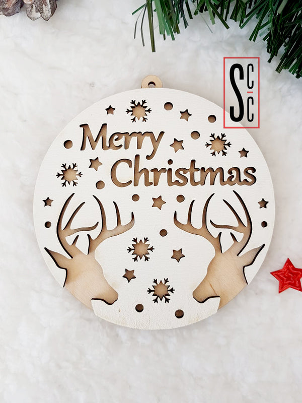 Διπλό ξύλινο στολίδι Merry Christmas με τάρανδους και χιονονιφάδες – So Cute Cut
