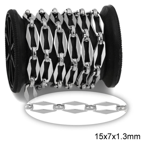 Αλυσίδα Ατσάλινη Κρίκος Ρόμβος Πλακέ 15x7X1.3mm με Οβάλ Κρίκο Ένωση 6.4x4.5mm σε συσκευασία 1 μέτρου - So Cute Cut