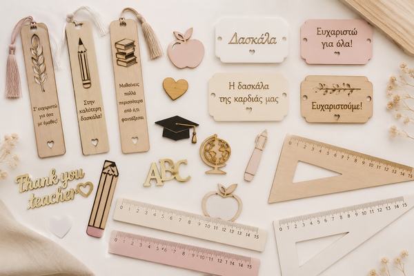 Συλλογή laser cut σχολικών σχεδίων της So Cute Cut με μολύβια, βιβλία, μήλα και σχολικά σύμβολα από ξύλο και plexiglass για δώρα δασκάλων και DIY κατασκευές.