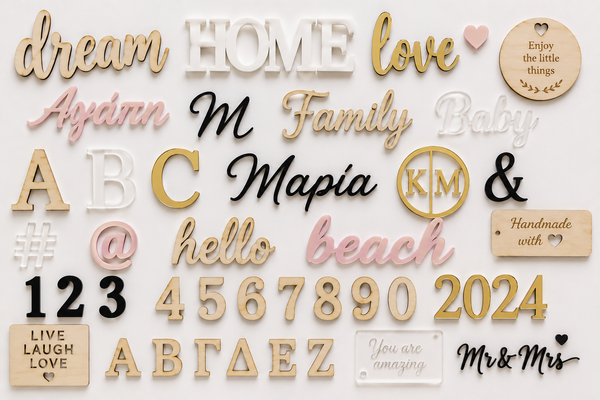 Συλλογή laser cut τυπογραφικών στοιχείων της So Cute Cut με γράμματα, αριθμούς, λέξεις και μονογράμματα από ξύλο και plexiglass για λαμπάδες, μπομπονιέρες, επιγραφές και DIY κατασκευές.