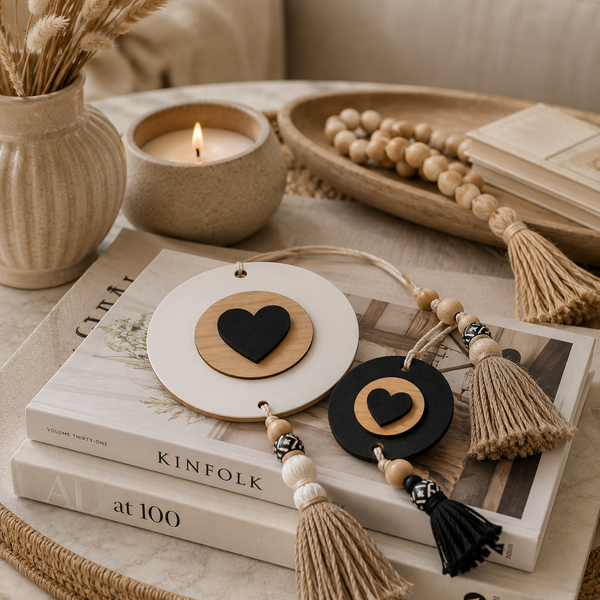Boho διακοσμητικά με κύκλο και καρδιά από λευκό και μαύρο MDF με λεπτομέρειες από MDF οξιάς, διακοσμημένα με ξύλινες χάντρες και φούντες σε coffee table styling | So Cute Cut