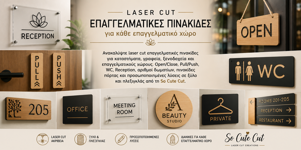 So Cute Cut laser cut επαγγελματικές πινακίδες από ξύλο και πλεξιγκλάς για καταστήματα, γραφεία, ξενοδοχεία και επαγγελματικούς χώρους με Open/Close, WC, Reception, Cashier, αριθμούς δωματίων και προσωποποιημένες πινακίδες σήμανσης.