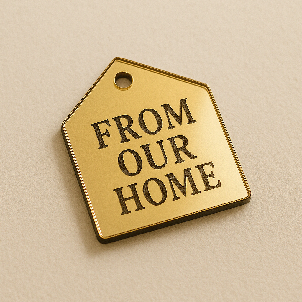 Barn tag από χρυσό καθρέφτη με χάραξη “FROM OUR HOME” – So Cute Cut rustic label