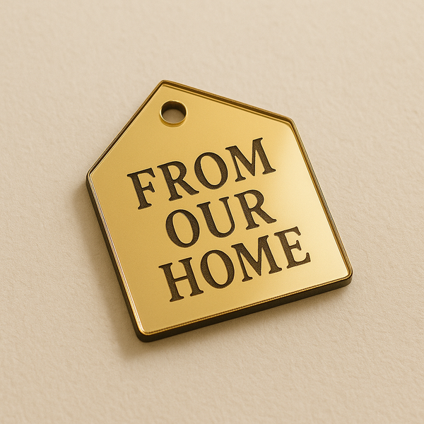 Barn tag από χρυσό καθρέφτη με χάραξη “FROM OUR HOME” – So Cute Cut rustic label