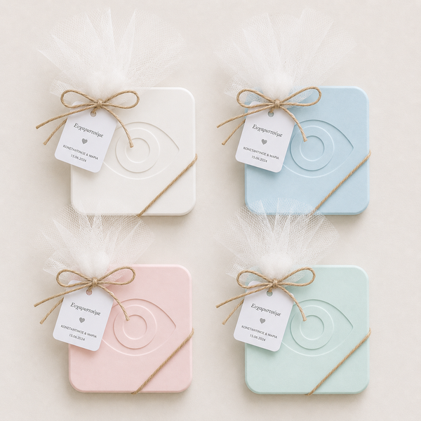 Minimal pastel σουβέρ από πλεξιγκλάς με ανάγλυφο μάτι δεμένο ως μπομπονιέρα γάμου με τούλι και λινάτσα, so cute cut
