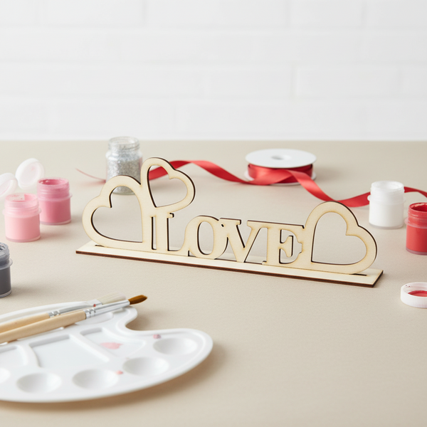 Ξύλινο διακοσμητικό LOVE με διάτρητες καρδιές και βάση, διαστάσεων 40×13 cm, ιδανικό για DIY και στολισμούς Αγίου Βαλεντίνου.