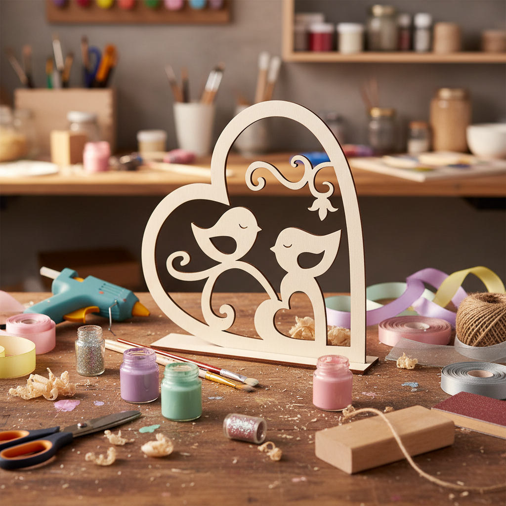 Ξύλινο διακοσμητικό καρδιά με πουλάκια και βάση 20×20 cm