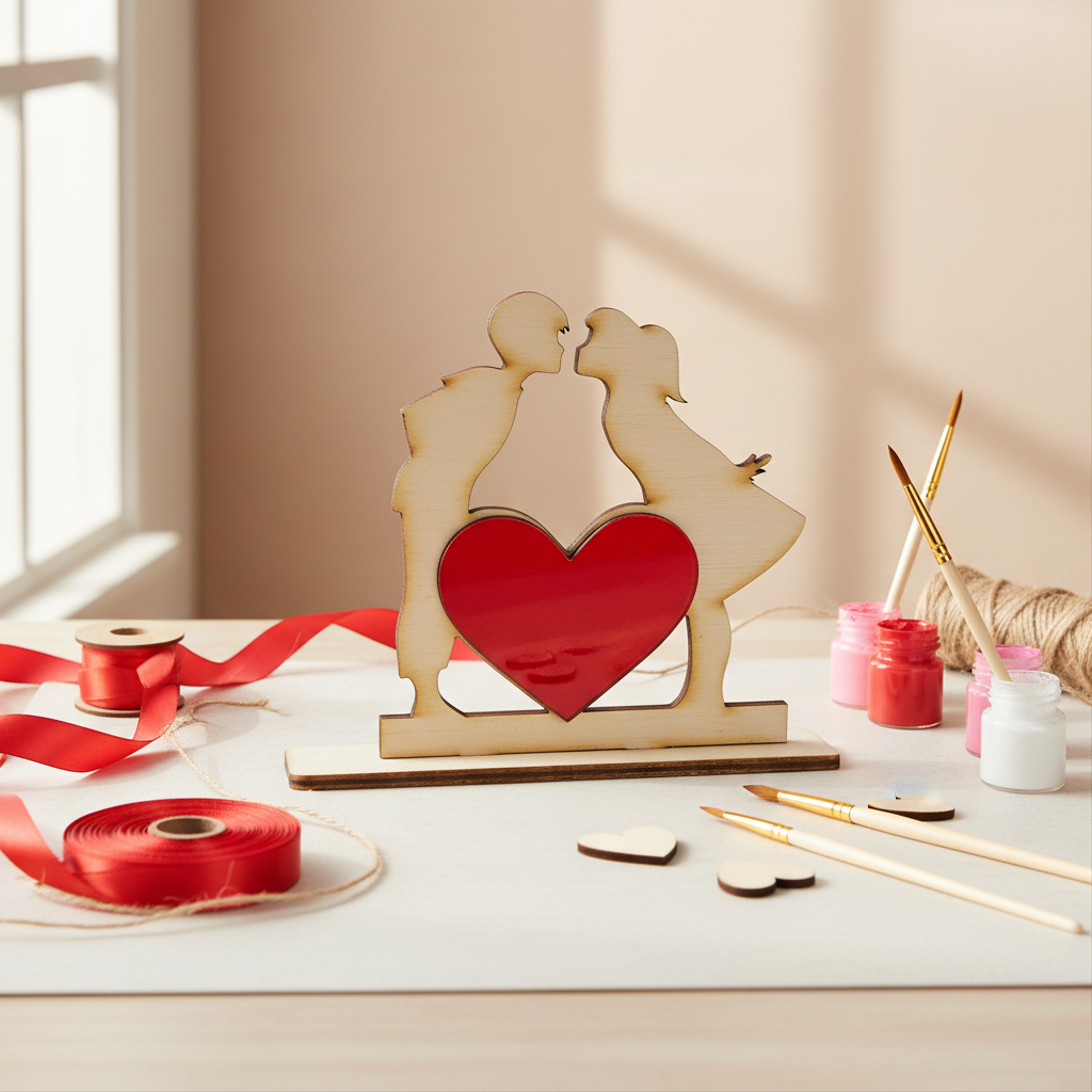 Ξύλινο Διακοσμητικό “Kissing Couple” με Κόκκινη Καρδιά – 10 cm