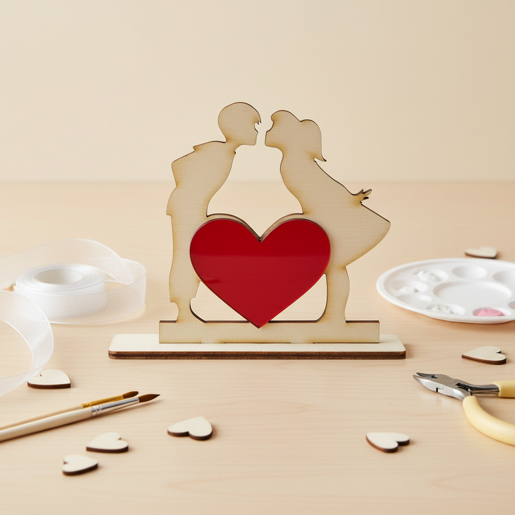 Ξύλινο Διακοσμητικό “Kissing Couple” με Κόκκινη Καρδιά – 10 cm
