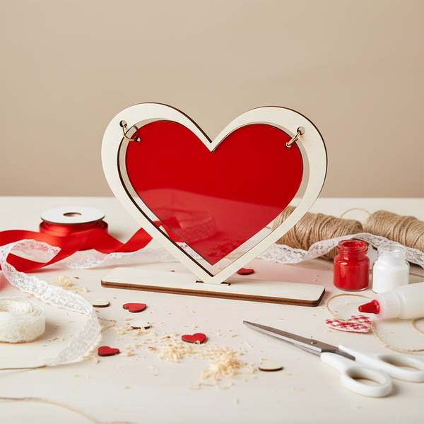 Ξύλινο διακοσμητικό In My Heart με κόκκινη καρδιά από πλεξιγκλάς πάνω σε βάση – Valentine craft στοιχείο.