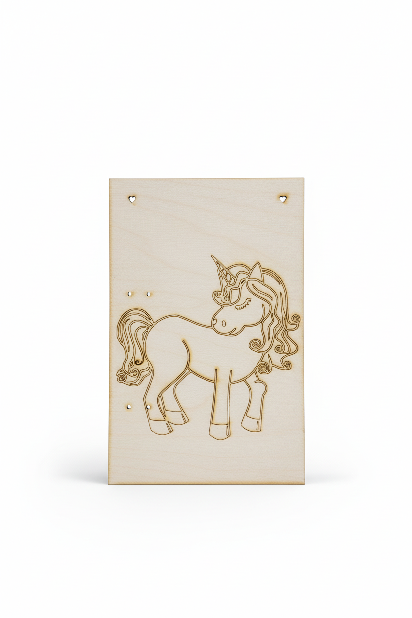 Ξύλινη ορθογώνια πλάτη για λαμπάδα με χάραξη Μονόκερος και τρύπες καρδιά 28x18 cm