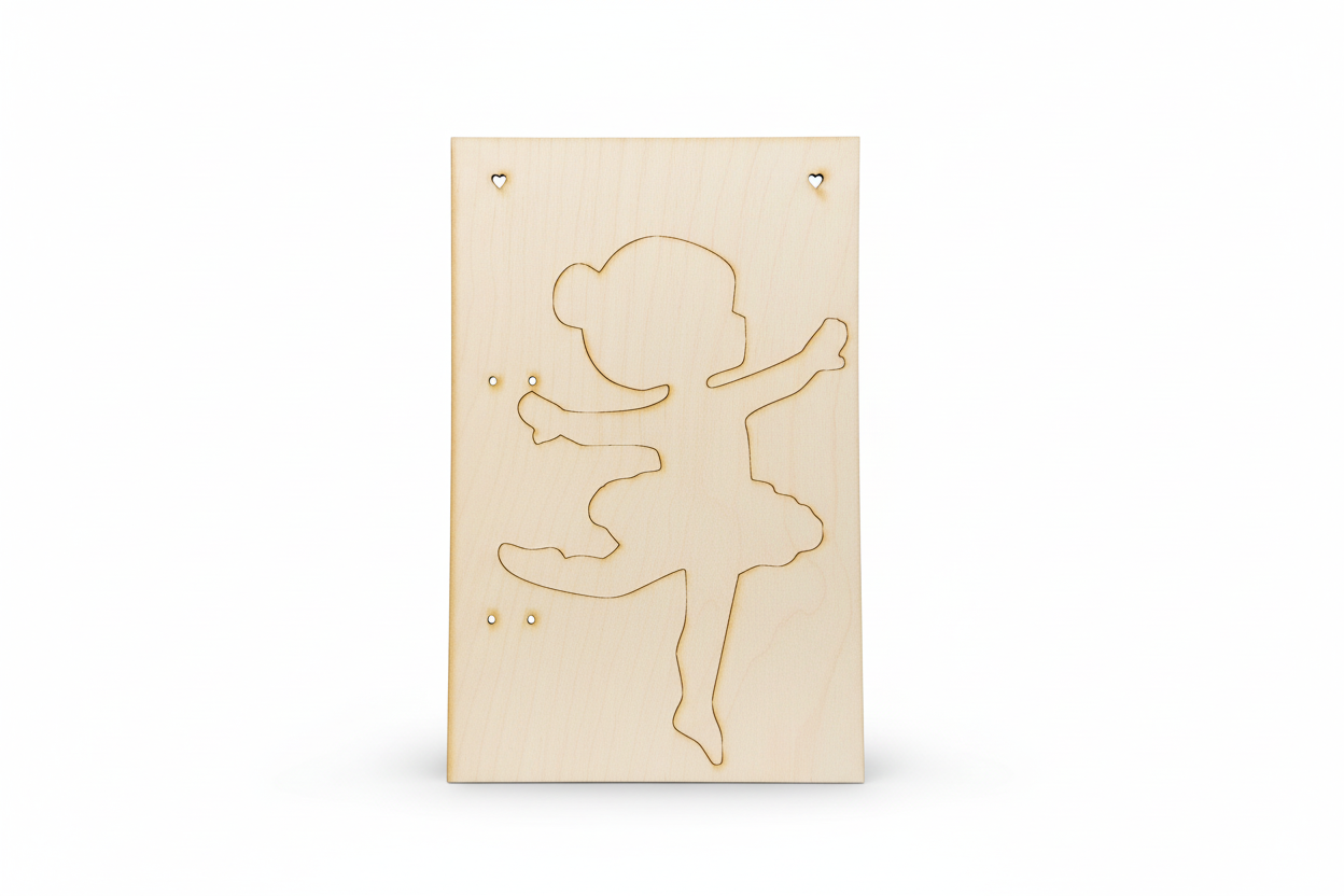 Ξύλινη πλάτη για πασχαλινή λαμπάδα με χάραξη μπαλαρίνα και τρύπες καρδιάς 28x18 εκ.