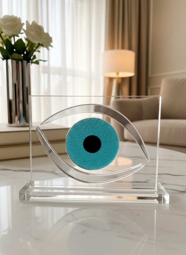 Επιτραπέζιο γούρι μάτι από διάφανο plexiglass με ασημί καθρέφτη και τυρκουάζ – So Cute by Dimi