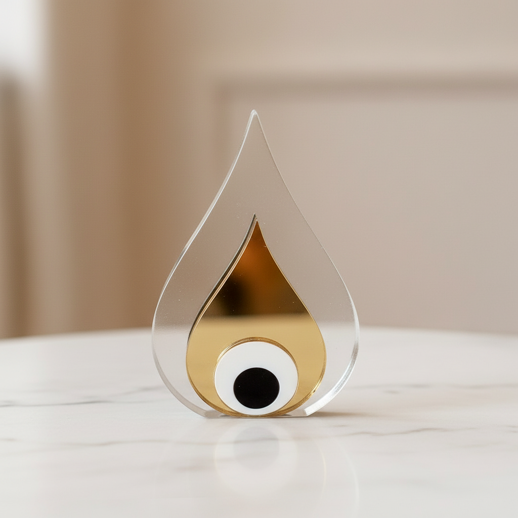 Χειροποίητο επιτραπέζιο γούρι σταγόνα από διάφανο plexiglass με εσωτερικό χρυσό καθρέφτη και μάτι από λευκό–μαύρο plexi, διαστάσεων 10,5×7 cm