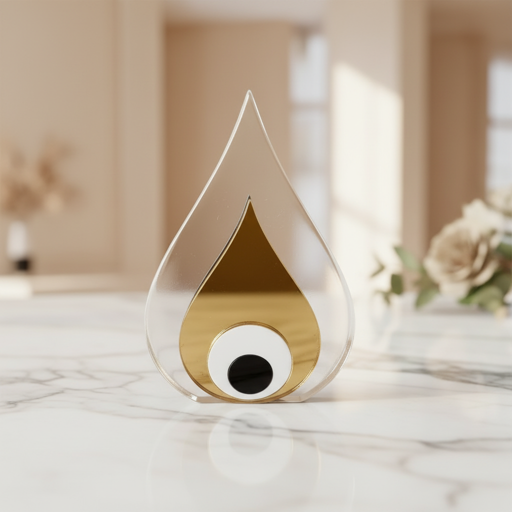 Χειροποίητο επιτραπέζιο γούρι σταγόνα από διάφανο plexiglass με εσωτερικό χρυσό καθρέφτη και μάτι από λευκό–μαύρο plexi, διαστάσεων 10,5×7 cm