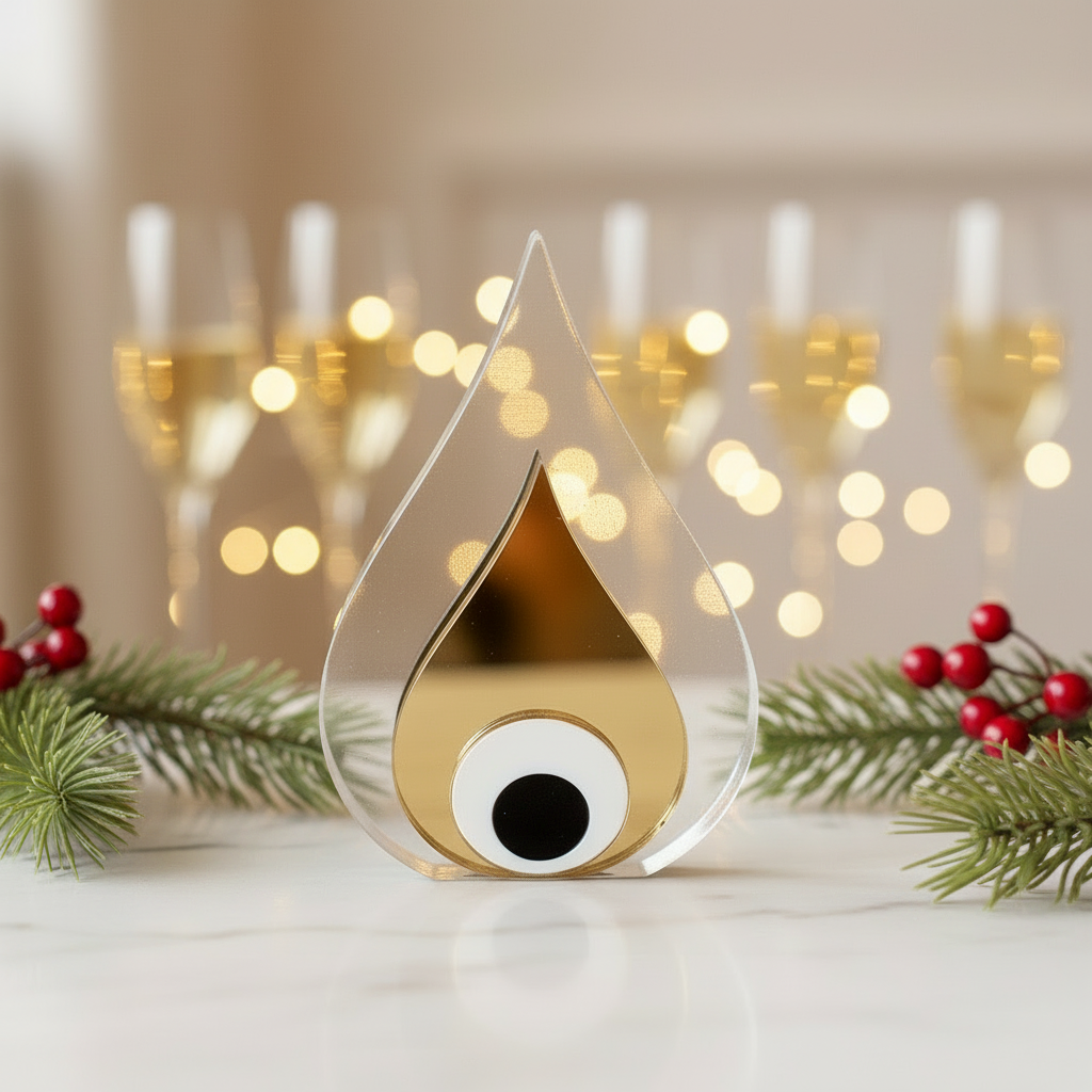 Χειροποίητο επιτραπέζιο γούρι σταγόνα από διάφανο plexiglass με εσωτερικό χρυσό καθρέφτη και μάτι από λευκό–μαύρο plexi, διαστάσεων 10,5×7 cm