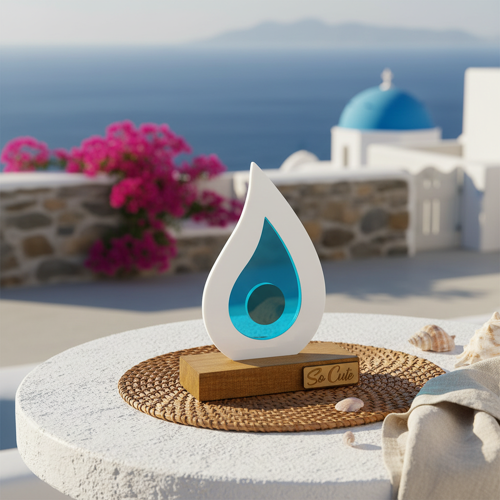 Γούρι plexiglass σταγόνα με τυρκουάζ mirror σε ξύλινη βάση – So Cute by Dimi