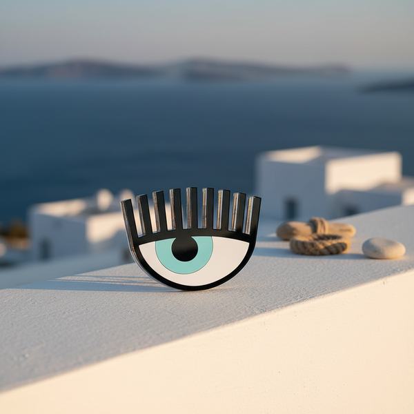 Minimal Cycladic photo of plexiglass evil eye charm with blue sea background – So Cute by Dimi.