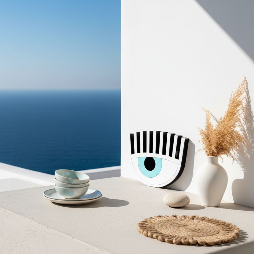 Handmade white plexiglass evil eye table charm with lashes on neutral background – So Cute by Dimi.