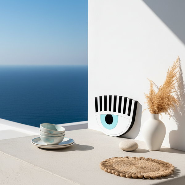 Handmade white plexiglass evil eye table charm with lashes on neutral background – So Cute by Dimi.