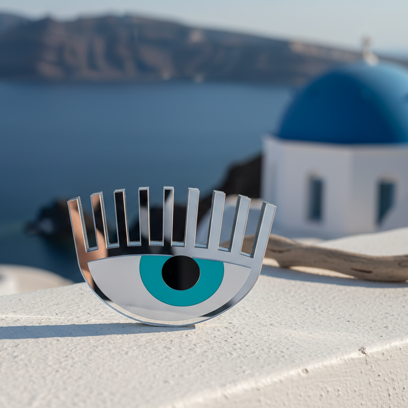Handmade silver mirror plexiglass evil eye table charm with turquoise center – So Cute by Dimi.