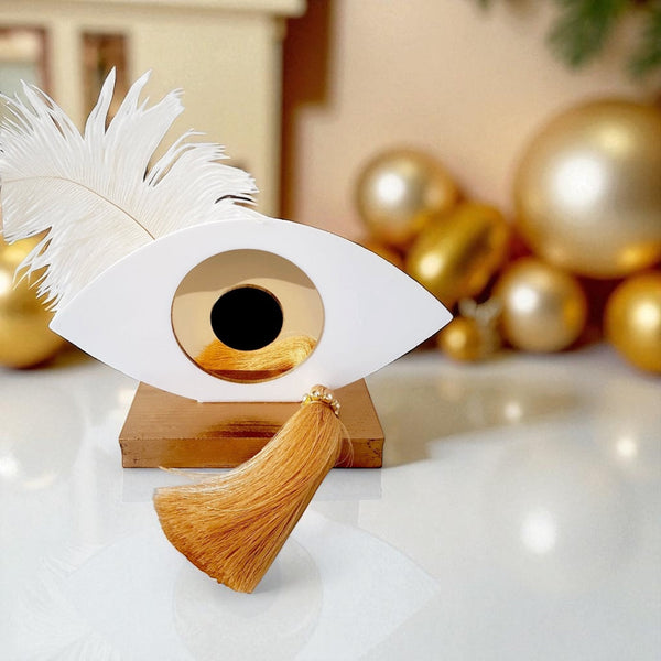 Γούρι plexiglass οβάλ με μάτι χρυσό, φτερό και φούντα με στρας – So Cute by Dimi