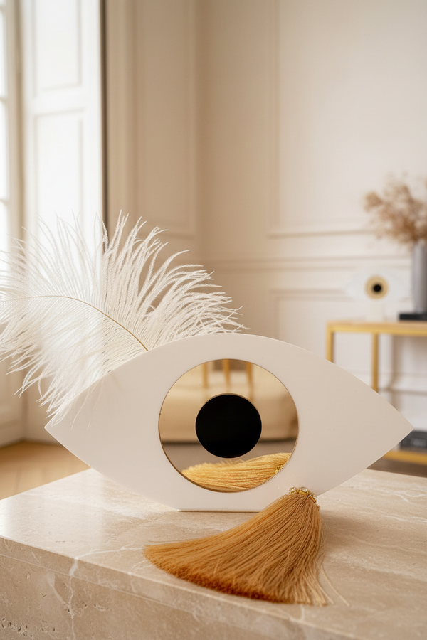 Γούρι plexiglass οβάλ με μάτι χρυσό, φτερό και φούντα με στρας – So Cute by Dimi