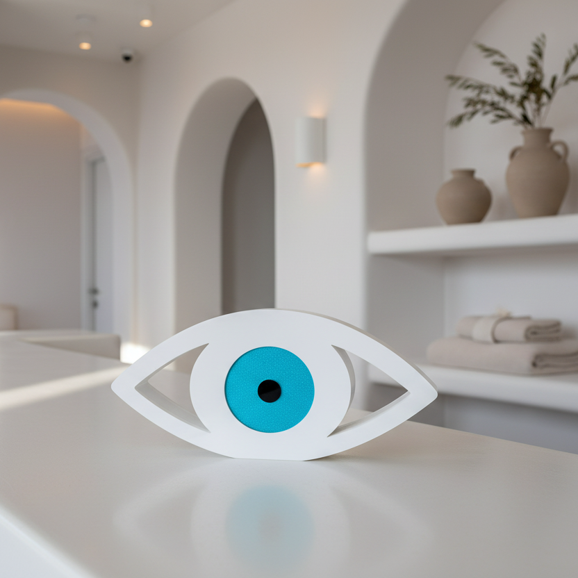 Επιτραπέζιο διακοσμητικό μάτι AURA EYE από γυαλιστερό λευκό πλεξιγκλάς με τυρκουάζ glitter και μαύρο κέντρο – So Cute by Dimi