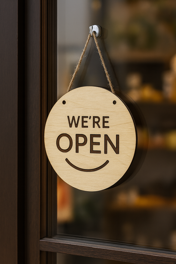  Στρογγυλή ταμπέλα “We’re Open / Closed” από ξύλο σημύδας με λέιζερ χάραξη – So Cute Cut