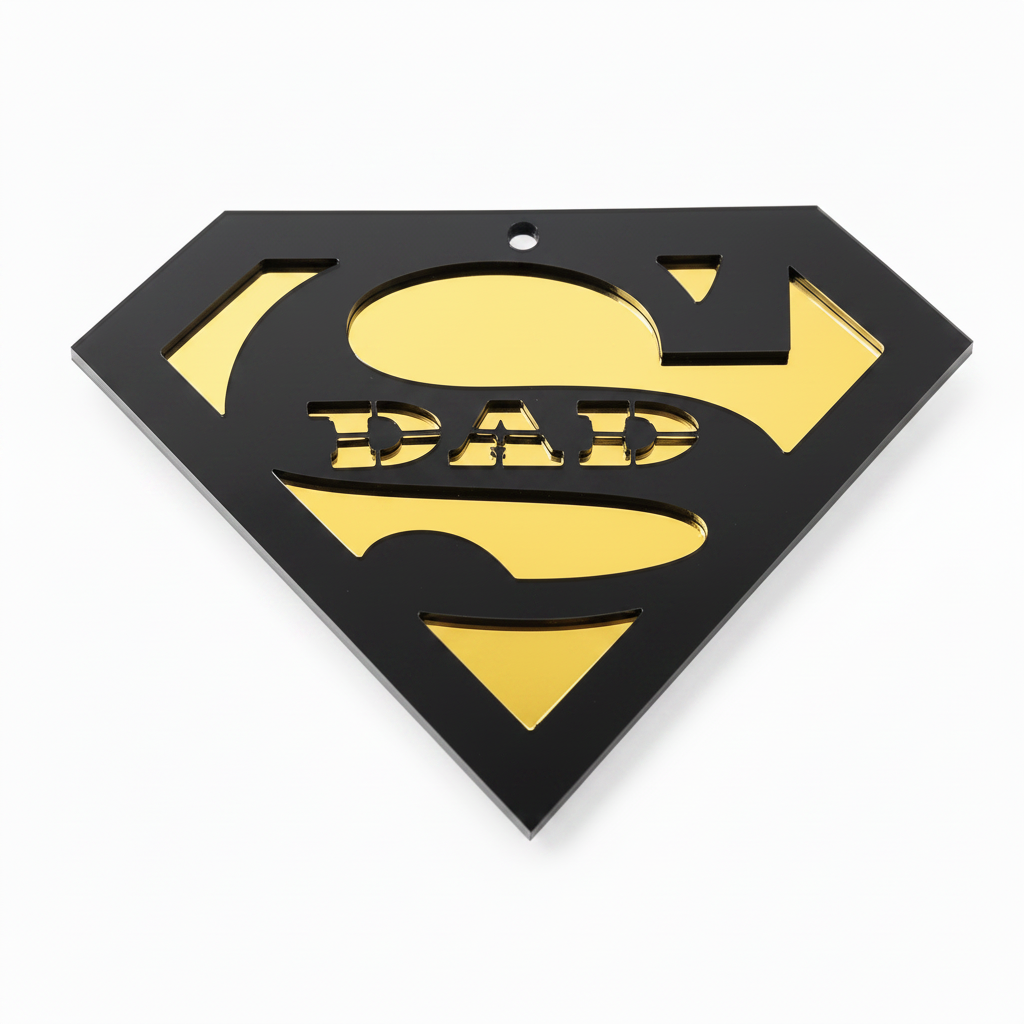 Κρεμαστό στοιχείο Super Dad από πλεξιγκλάς με σχέδιο super hero σε διάφορους χρωματικούς συνδυασμούς acrylic και mirror acrylic. So Cute Cut