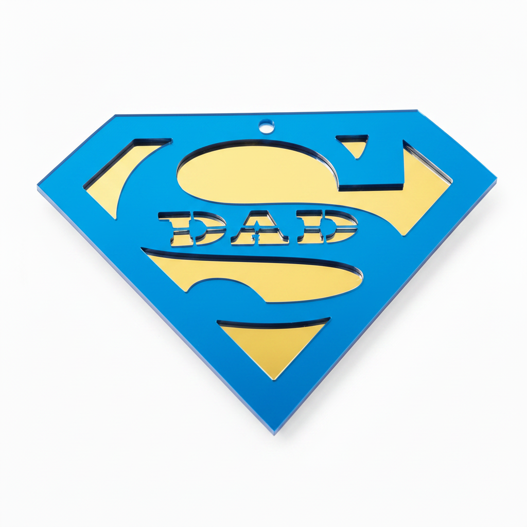 Κρεμαστό στοιχείο Super Dad από πλεξιγκλάς με σχέδιο super hero σε διάφορους χρωματικούς συνδυασμούς acrylic και mirror acrylic. So Cute Cut