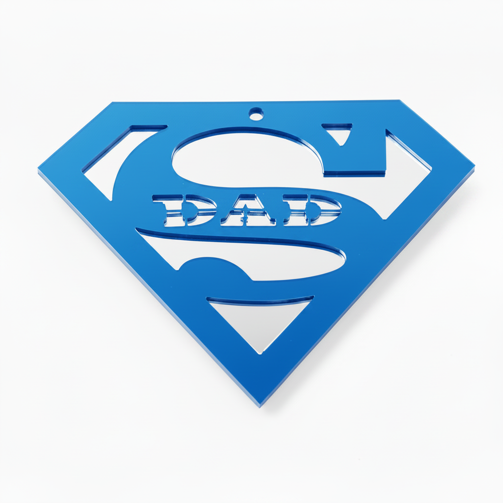 Κρεμαστό στοιχείο Super Dad από πλεξιγκλάς με σχέδιο super hero σε διάφορους χρωματικούς συνδυασμούς acrylic και mirror acrylic. So Cute Cut