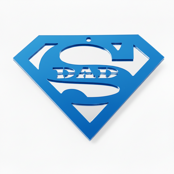 Κρεμαστό στοιχείο Super Dad από πλεξιγκλάς με σχέδιο super hero σε διάφορους χρωματικούς συνδυασμούς acrylic και mirror acrylic. So Cute Cut