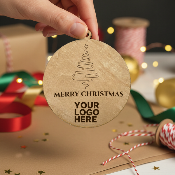 Χειροποίητο ξύλινο στολίδι Merry Christmas 10 εκ, κρατημένο στο χέρι σε χριστουγεννιάτικη σκηνή.