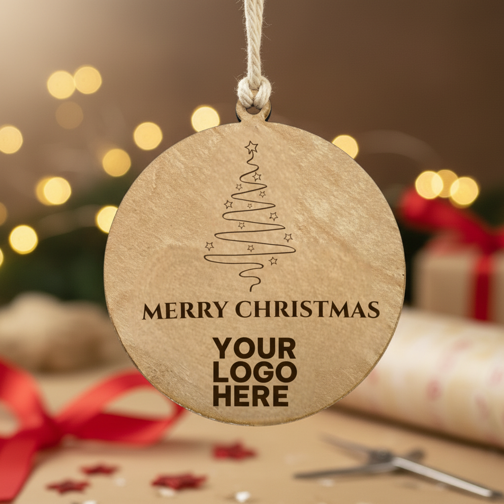 Ξύλινο χριστουγεννιάτικο στολίδι 10 εκ με χάραξη Merry Christmas, κρεμαστό, φωτογραφισμένο σε festive περιβάλλον.