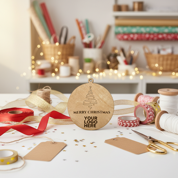 Ξύλινο στολίδι Merry Christmas 10 εκ πάνω σε εργαστηριακό crafting desk με κορδέλες και υλικά.